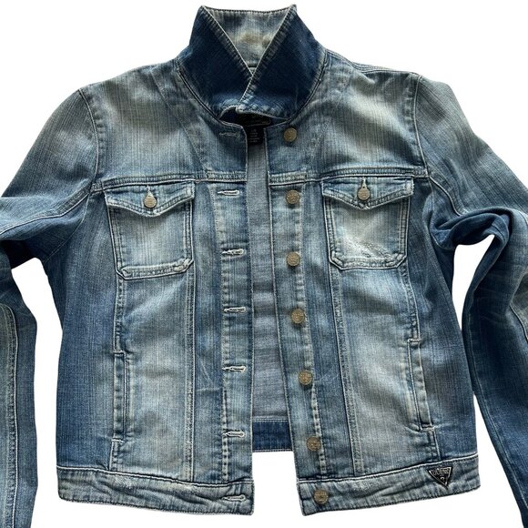 Guess Denim Trucker Jacket Faded Blue Light Wash Size L Women's Large - Picture 8 of 16